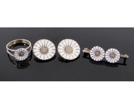 Pair of silver and enamelled earrings by Anton Mickelsen,silver and enamel floral brooch and a ring.