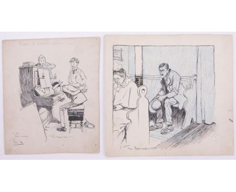 Tom Browne (1872-1910),2 original pen and ink illustrations, playing with his nose 8.5" x 7" and church pew 8" x 8", unframed
