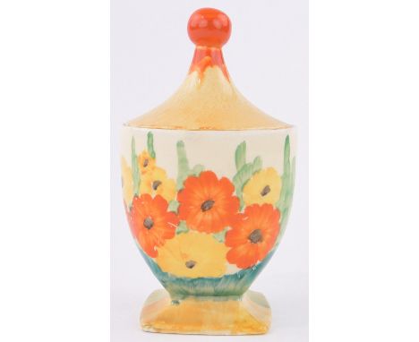 A Clarice Cliff Bizarre jampot and cover,hand painted garden scenes, height 14cm.