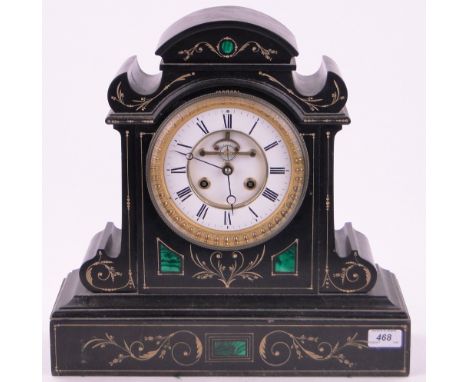 A 19th century black marble cased architectural mantel clock,with white enamelled dial.