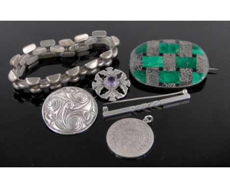 A group of silver jewellery,including a Georg Jensen sterling silver bar brooch model no. 57B, Iona sterling silver Celtic br