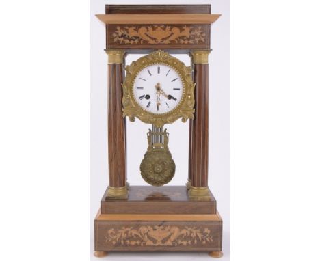 A 19th century rosewood and marquetry inlaid 4 pillar portico clock,enamel dial signed Bozzo of Paris, height 51cm.