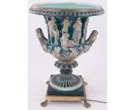 A continental Majolica pottery campana form ceramic urn shaped lamp,on brass base, height 53cm, diameter 40cm.