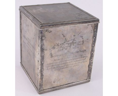 An unusual Indian silver tea chest design tea caddy inscribed "Tea Auction Centenary Calcutta 1861-1961",with presentation in