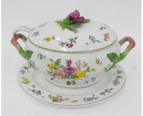 A FRANKLIN MINT FLORAL DECORATED OVAL PORCELAIN SOUP TUREEN, COVER, LADLE AND STAND LATE 20TH C