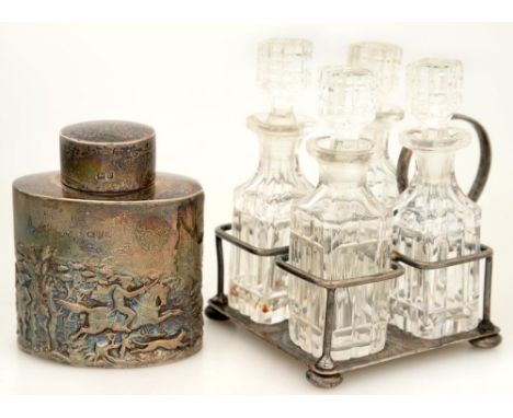 AN EDWARD VII SILVER CRUET WITH FOUR GLASS CONDIMENTS AND STOPPERS, BIRMINGHAM 1909 AND A VICTORIAN SILVER TEA CADDY, 8.5 CM 