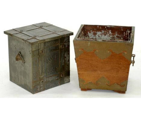 A BRASS MOUNTED MAHOGANY LOG BIN WITH TIN LINER, 37CM H, EARLY 20TH C AND ANOTHER, SIMILAR, A CARVED OAK ANEROID BAROMETER, A