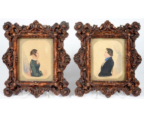 ENGLISH NAIVE ARTIST, 19TH C - PORTRAIT MINIATURES OF A LADY AND GENTLEMAN, HALF LENGTH, SEATED IN PROFILE, WATERCOLOUR ON CA