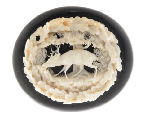 A VICTORIAN JET BROOCH WITH A CENTRAL CARVED BONE PANEL OF A STAG, 5.5 X 5 CM,  AND A VICTORIAN OVAL ENAMEL PORTRAIT BROOCH O