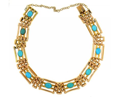 A TURQUOISE SET GOLD GATE BRACELET, MARKED 15C, 20G++LIGHT WEAR CONSISTENT WITH AGE 
