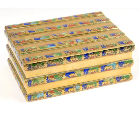 A BRASS AND ENAMEL BOX WITH ORNATE STRIPED DECORATION, 13CM L, STAMPED FOREIGN, C1930