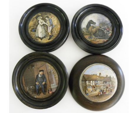 NINE F&amp;R PRATT COLOUR PRINTED POT LIDS, VARIOUS SUBJECTS AND SIZES, C1860, ALL FRAMED 