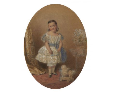 SYDNEY OR SIDNEY F BUCK (FL 1849-1858), PORTRAIT OF A YOUNG GIRL WITH A TOY DOG, signed and dated March 1858  watercolour, ov