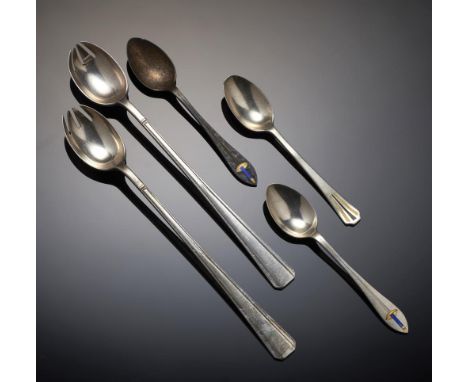 A PAIR OF ROBERTS &amp; BELK SILVER SERVING FORKS of Plain Pine pattern designed by Walter Patrick Belk for the RMS "Queen Ma