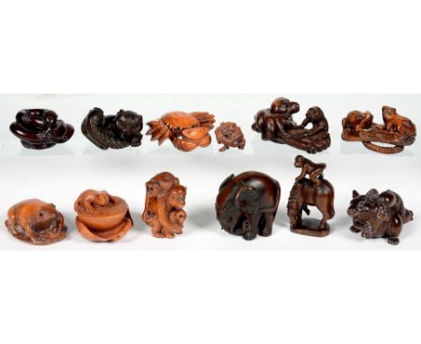 TWELVE JAPANESE WOOD NETSUKE, VARIOUS SIZES, 20TH C