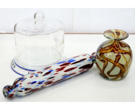 A VICTORIAN RED AND BLUE FLECKED GLASS ROLLING PIN OF NAILSEA TYPE, 36CM L, C1850, A MDINA GLASS VASE WITH PINCHED NECK AND A