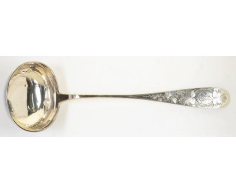 A GERMAN SILVER SOUP LADLE, 33 CM L, MARKED 800 SPILLE, C1900, 5OZS 10DWTS++DENTED