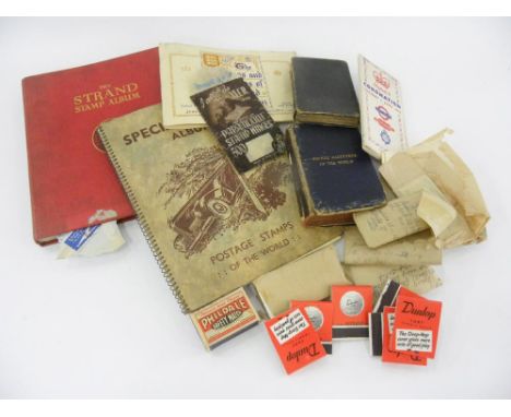 TWO STAMP ALBUMS, A QUANTITY OF CIGARETTE CARDS SORTED INTO SETS AND SEVERAL FORT DUNLOP TENNIS BALLS ADVERTISEMENT BOOK MATC