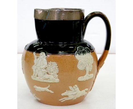 A SILVER MOUNTED DOULTON WARE HUNTING JUG, 16CM H, IMPRESSED MARK, EARLY 20TH C