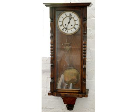 A WALNUT WALL CLOCK WITH ENAMEL DIAL, 72 X 36CM 