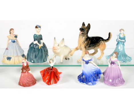 MISCELLANEOUS CERAMICS, INCLUDING SEVEN COALPORT, ROYAL DOULTON FIGURES OF YOUNG LADIES, A GAUDY WELSH TEA SERVICE, A ROYAL D