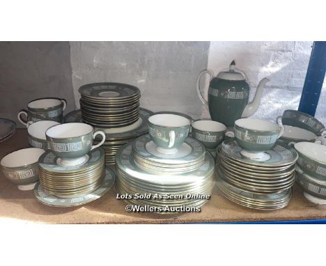 PART WEDGEWOOD "ASIA" GREEN &amp; WHTE DINNER SERVICE INCLUDING, CUPS, SAUCERS, PLATES, SOUP BOWLS AND COFFEE POT (101)