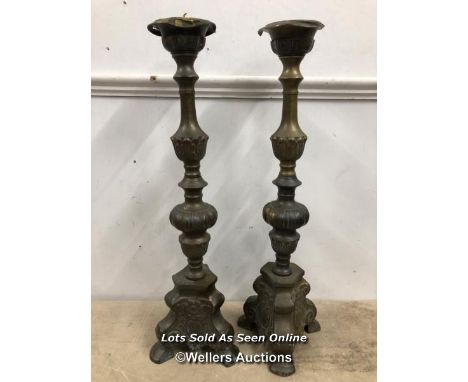 TWO TALL BRASS CANDLE STICK HOLDERS, 61CM (H)