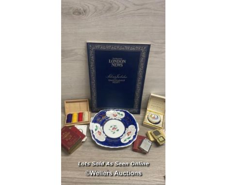 ASSORTED ITEMS INCLUDING VINTAGE RONSON LIGHTER, LIMITED EDITION ENAMEL TRINKET BOX, SILVER JUBILEE LONDON NEWS BOOK AND CARD