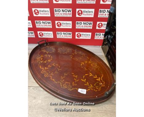 *VINTAGE LARGE  OVAL INLAID MAHOGANY BUTLERS SERVING TRAY WITH BRASS HANDLES [319]