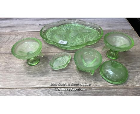 *VINTAGE 1930'S 5 PIECE SOWERBY BUTTERFLY GREEN GLASS DRESSING TABLE VANITY SET 