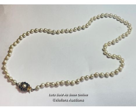 *VINTAGE 9CT YELLOW GOLD SAPPHIRE &amp; 5MM CULTURED PEARL NECKLACE