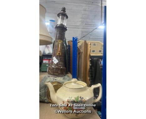 ARTHUR WOOD TEAPOT AND LIGHTHOUSE BAROMETER, BAROMETER IN NEED OF RESTORATION