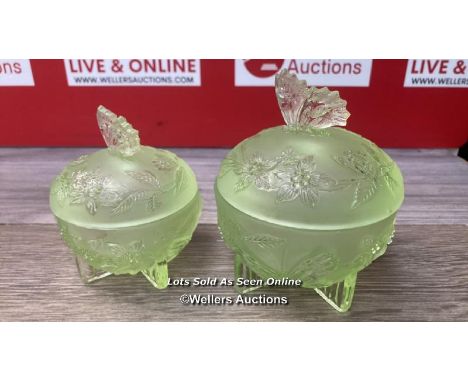 *PAIR OF VINTAGE ART DECO URANIUM GLASS BUTTERFLY TRINKET POT  LIDDED BOWL 