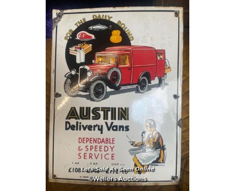 VINTAGE METAL SIGN "AUSTIN DELIVERY VANS", 38 X 51CM 