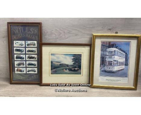 FRAMED WILLS CIGERETTE CARDS, DON BRECKON PRINT " PICNIC" AND FRAMED LIMITED EDITION PRINT " SHEFFIELD CORPORATION CAR NO. 51