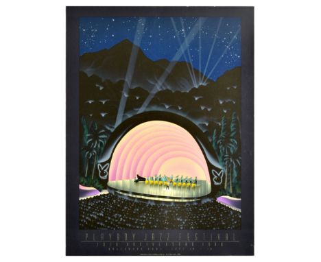 Original vintage advertising poster for Playboy Jazz 10th Anniversary 1988 Festival featuring a great Art Deco style illustra