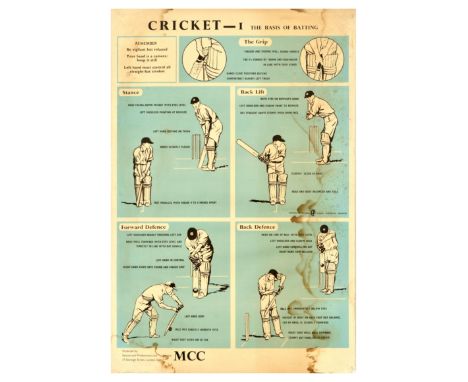 Set of 5 original vintage sport posters for cricket featuring playing instructions. Produced by Educational Productions Ltd f