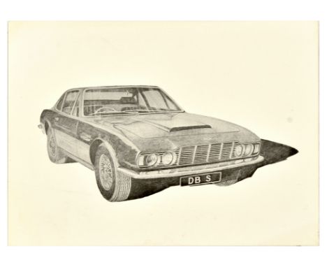 Original vintage advertising poster for Austin Martin featuring an illustration depicting the automobile in black ink set ove
