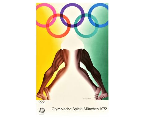 Original vintage sport poster for the 1972 Summer Olympic Games in Munich Germany featuring a colourful illustration by the B