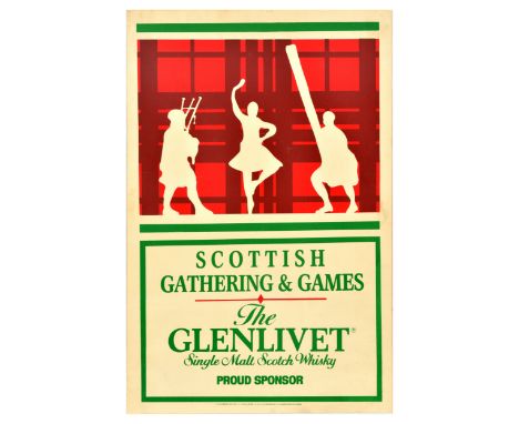 Original vintage sport advertising poster for Scottish Gathering &amp; Games featuring white silhouettes playing pipes, danci