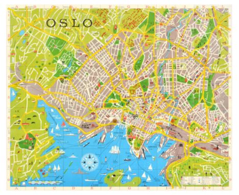 Original vintage travel pictorial map for Oslo with traffic key and index, sights, hotels, restaurants and communications. Ho