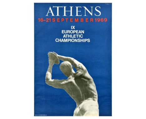 Original vintage sport poster for the IX European Athletic Championships which took place at the Georgios Karaiskakis Stadium