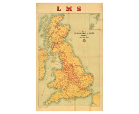 Original vintage travel advertising poster by LMS, Map of The London Midland and Scottish Railway and Connections, featuring 