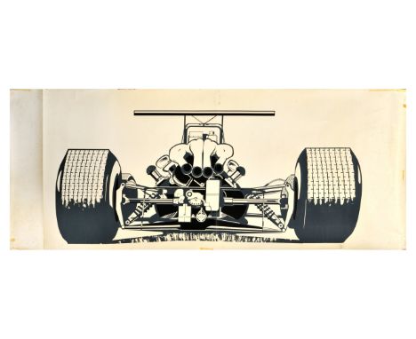 Original vintage F1 sports racing poster featuring a black and white image of the rear end of the racing car showing the exha