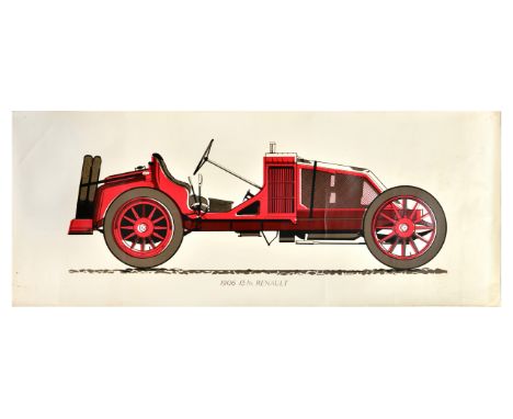 Original vintage sports racing poster featuring an illustration of a red 1906 13 ltr Renault car set over a light background.