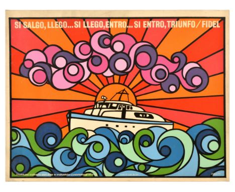 Original vintage Cuban propaganda poster featuring a colourful psychedelic style image of the US Navy sailing boat (built 194