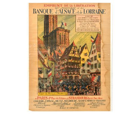 Original antique World War One poster for the Liberation Loan / Emprunt de la Liberation with Bank of Alsace and Lorraine, fe