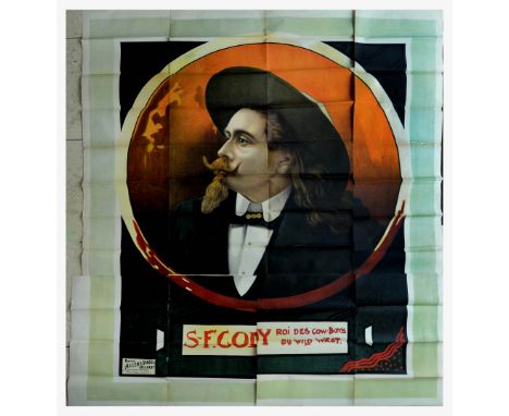 Original antique poster featuring an image of Samuel Franklin Cowdery (1867-1913), a Wild West showman and early pioneer of m