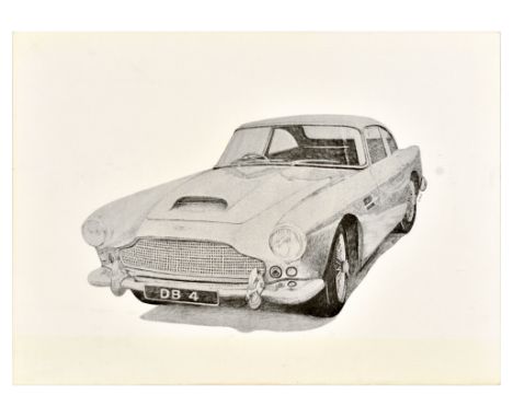 Original vintage advertising poster for Austin Martin featuring an illustration depicting the automobile in black ink set ove