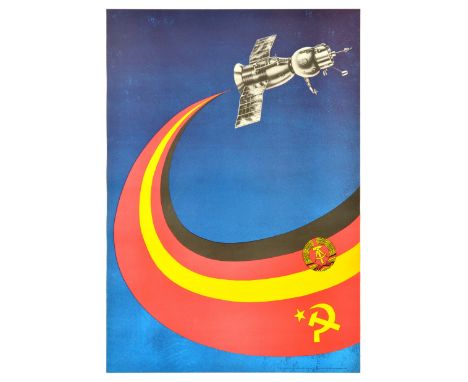 Original vintage propaganda poster featuring an illustration of a satellite in the sky leaving a trail in the patterns of the